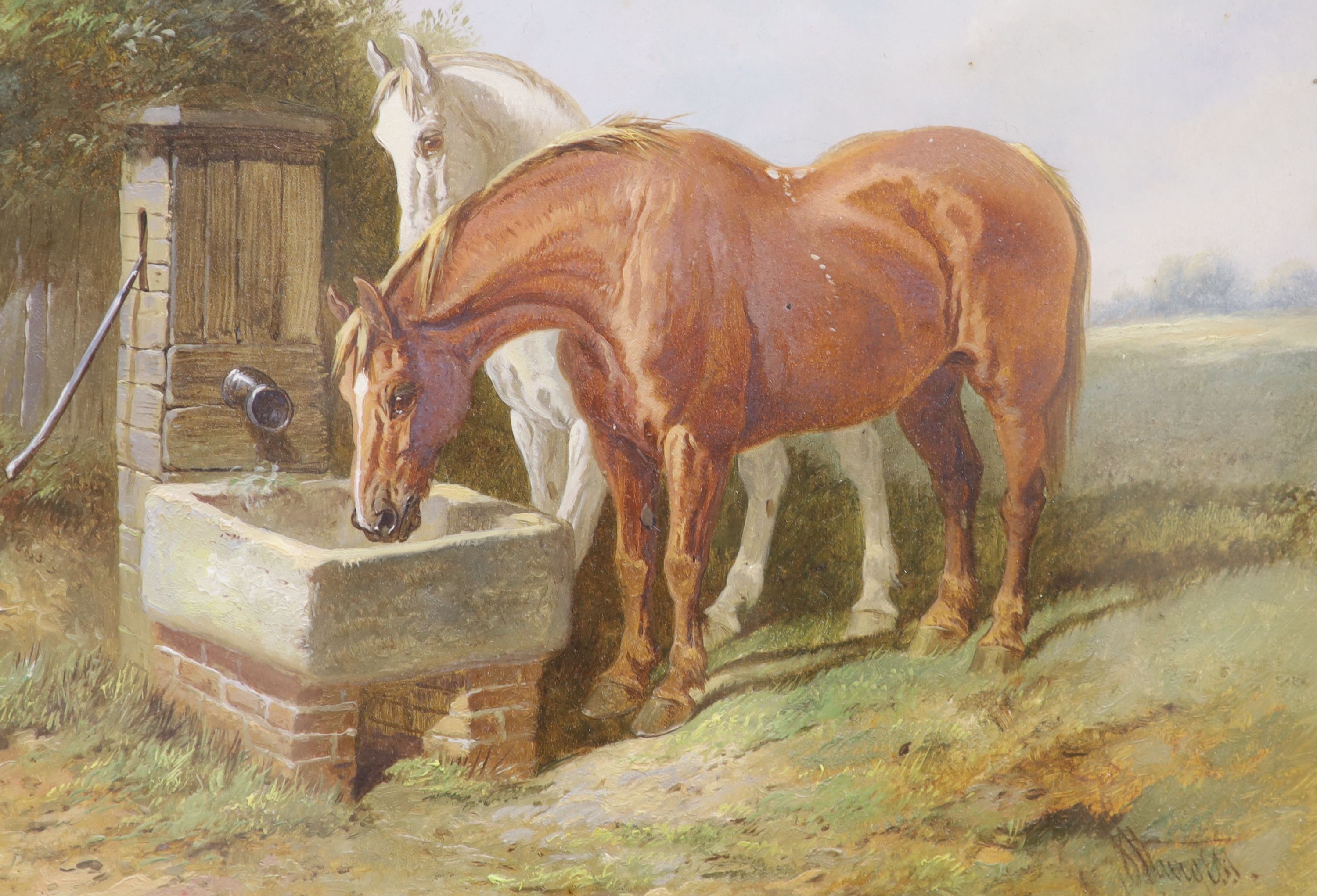 John Sturgess (1839-1903), oil on card, 'Members of The Blue Ribbon Army'; horses watering, signed, 20 x 29cm